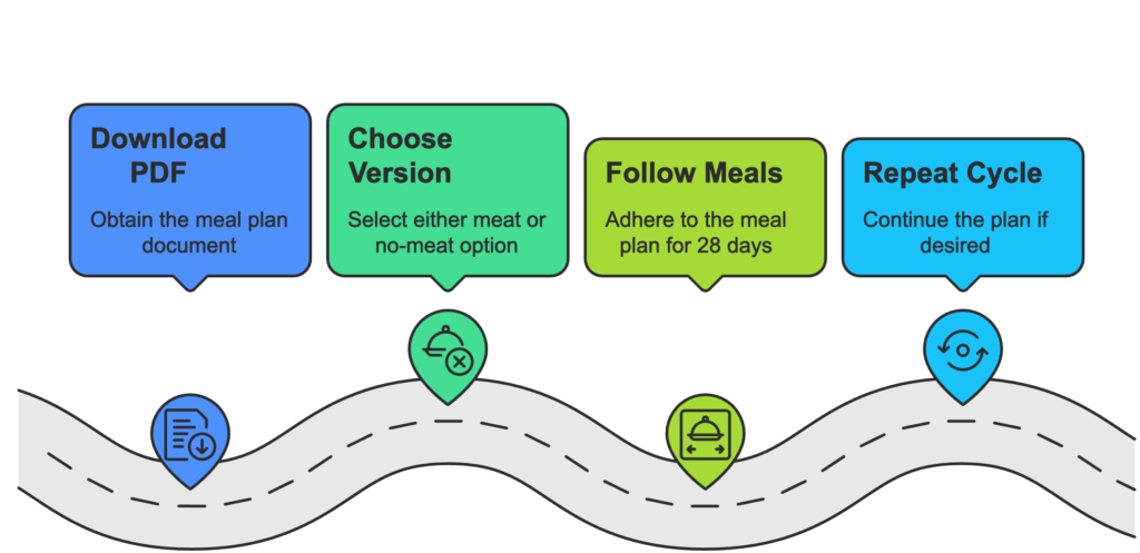 Step-by-step guide showing how to use the 28-Day Fat Loss Meal Plan: download the PDF, choose meat or no-meat version, follow meals for 28 days, repeat if needed.