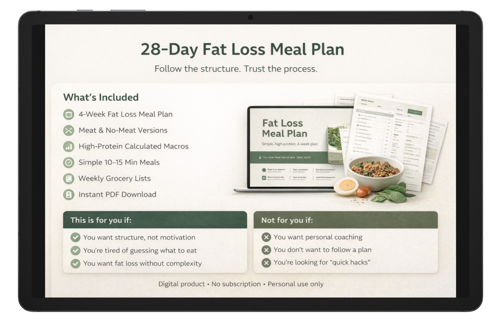28-Day Fat Loss Meal Plan – what’s included overview